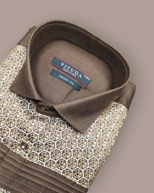 Men's Brown Full Sleeves Party Wear Shirt – Geometric Embroidered Panel Design