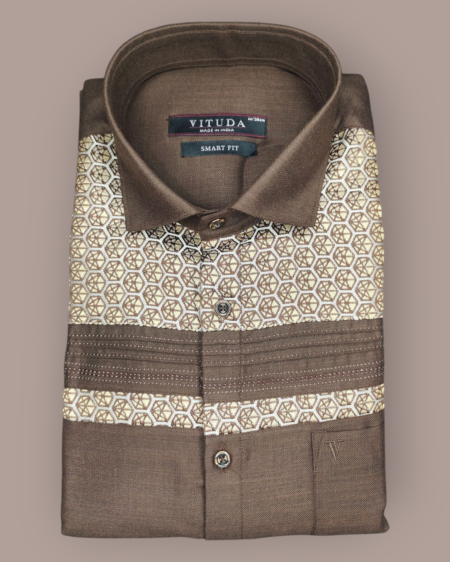 Men's Brown Full Sleeves Party Wear Shirt – Geometric Embroidered Panel Design