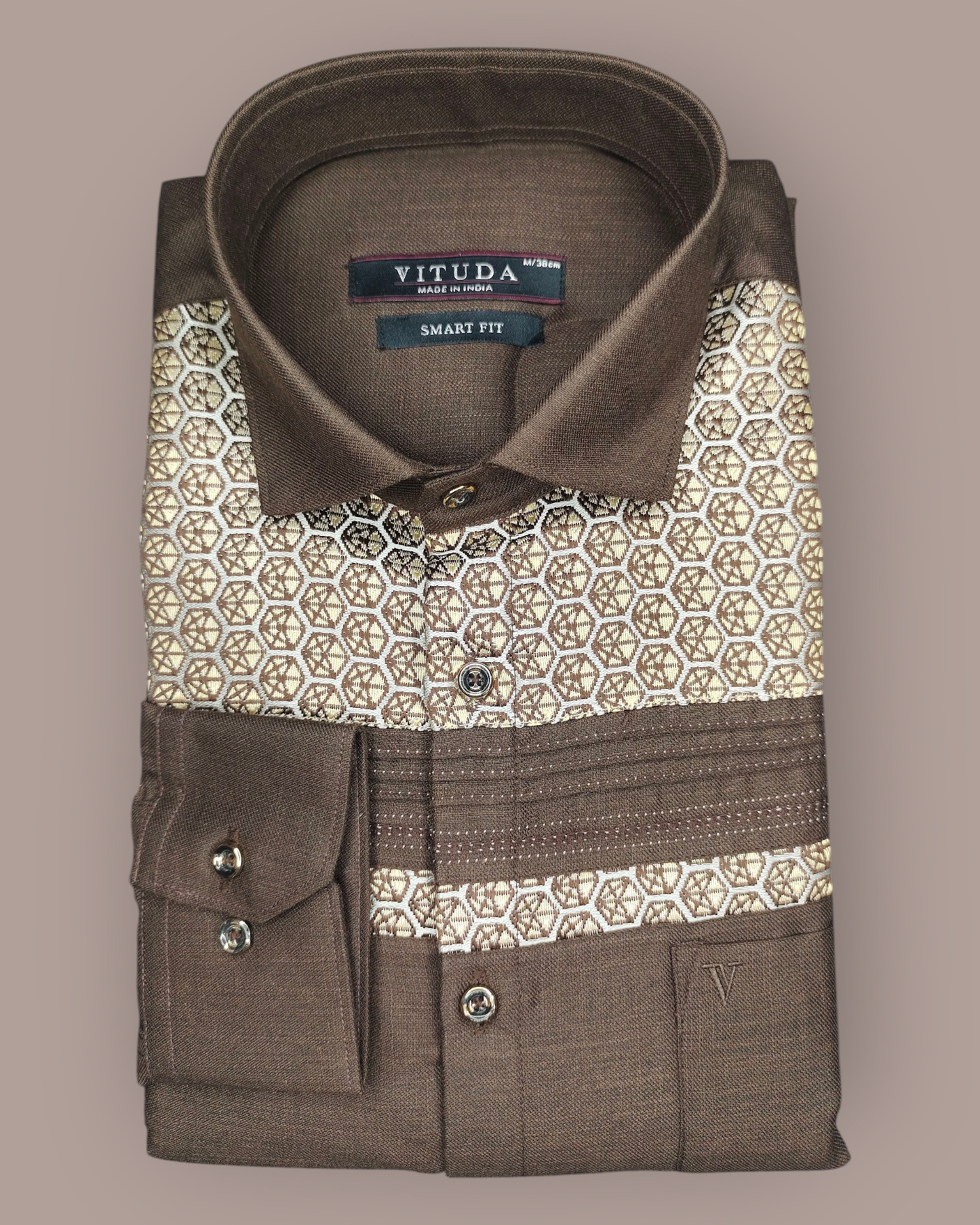 Men's Brown Full Sleeves Party Wear Shirt – Geometric Embroidered Panel Design