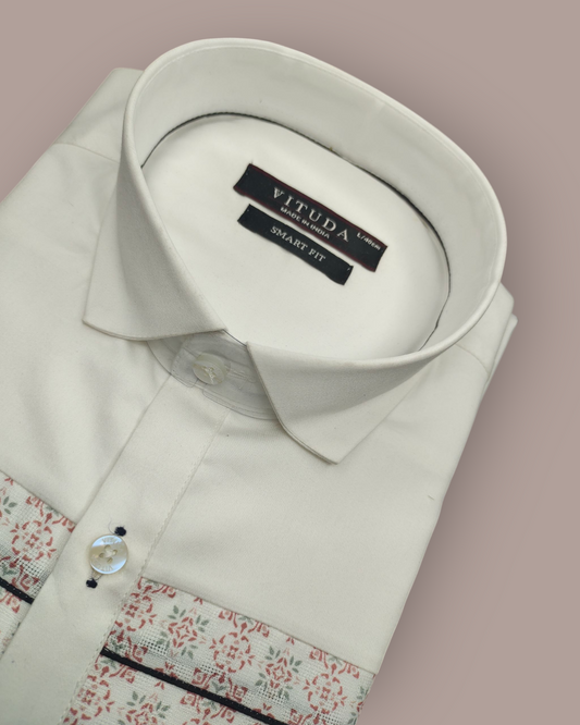 Men’s Off White Full Sleeve Party Wear Shirt – Geometric Panel Design