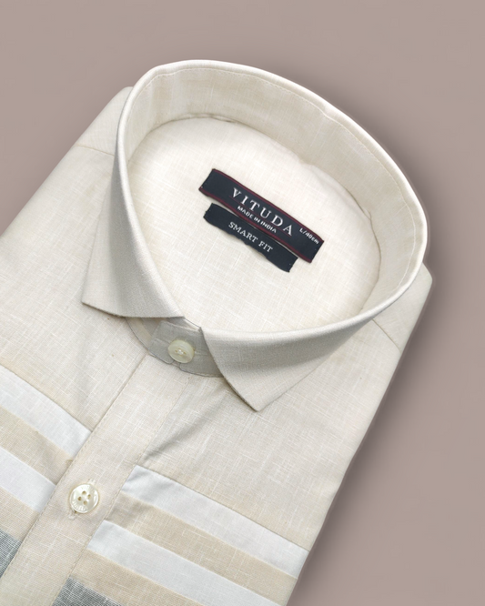 Men's Beige Cotton Blend Half Sleeves Party Wear Shirt with Contrast Stripes