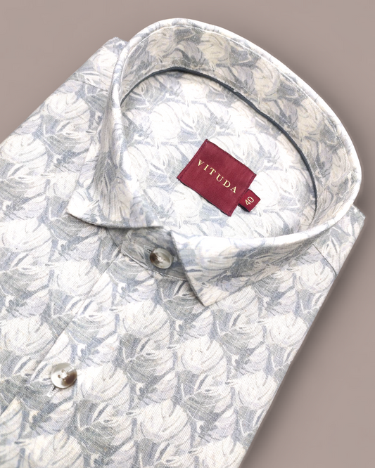 Men’s Grey Leaf Print Half Sleeves Shirt – Smart Casual Wear