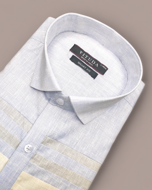 Men’s Half Sleeves Cotton Linen Shirt – Sky Blue with Beige Striped Accents