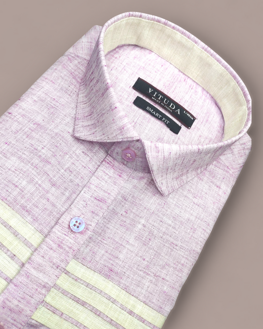 Men’s Half Sleeves Cotton Linen Shirt – Lavender with Striped Detailing