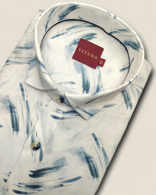 Men's Full Sleeves White Shirt with Blue Brushstroke Print