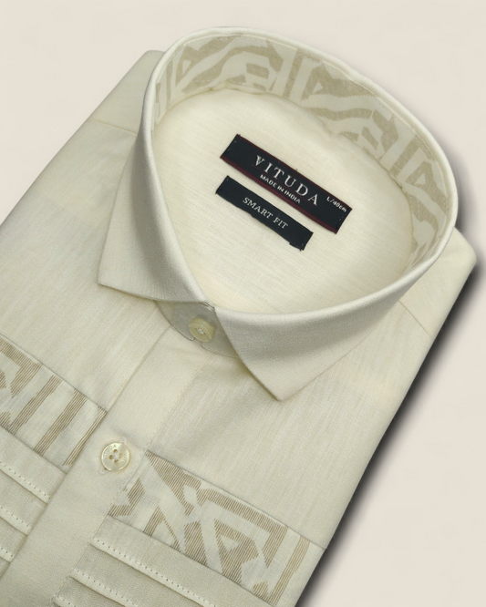 Men’s Full Sleeves Ivory Jacquard Shirt with Geometric Detailing