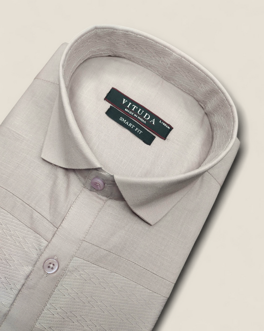 Men’s Full Sleeves Cotton-Linen Shirt – Beige with Grey Stripe Accents