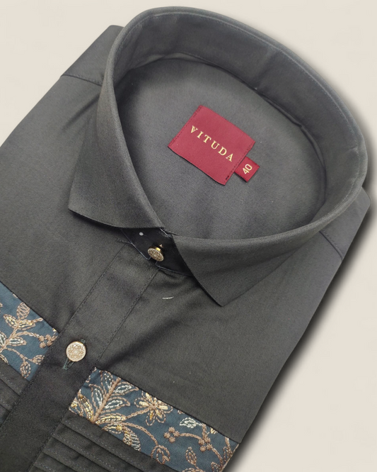 Men's Black Full Sleeves Shirt with Royal Gold Embroidery Detailing