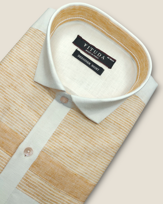 Men's Half Sleeves Party Wear Shirt - Light Orange & White