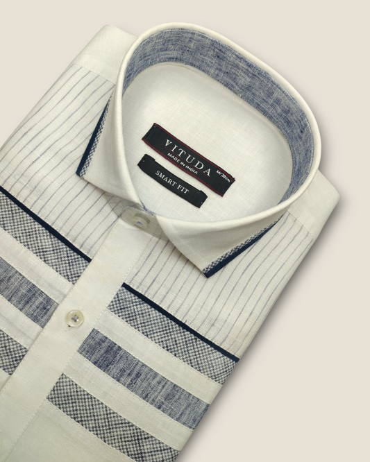 Men's Half Sleeves Party Wear Shirt - White with Navy Striped Panel