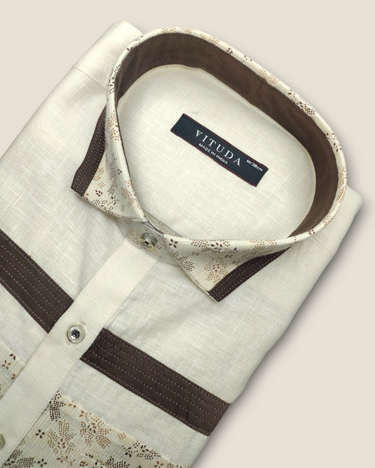 Men's Half Sleeves Party Wear Shirt - Cream with Brown Floral Panel