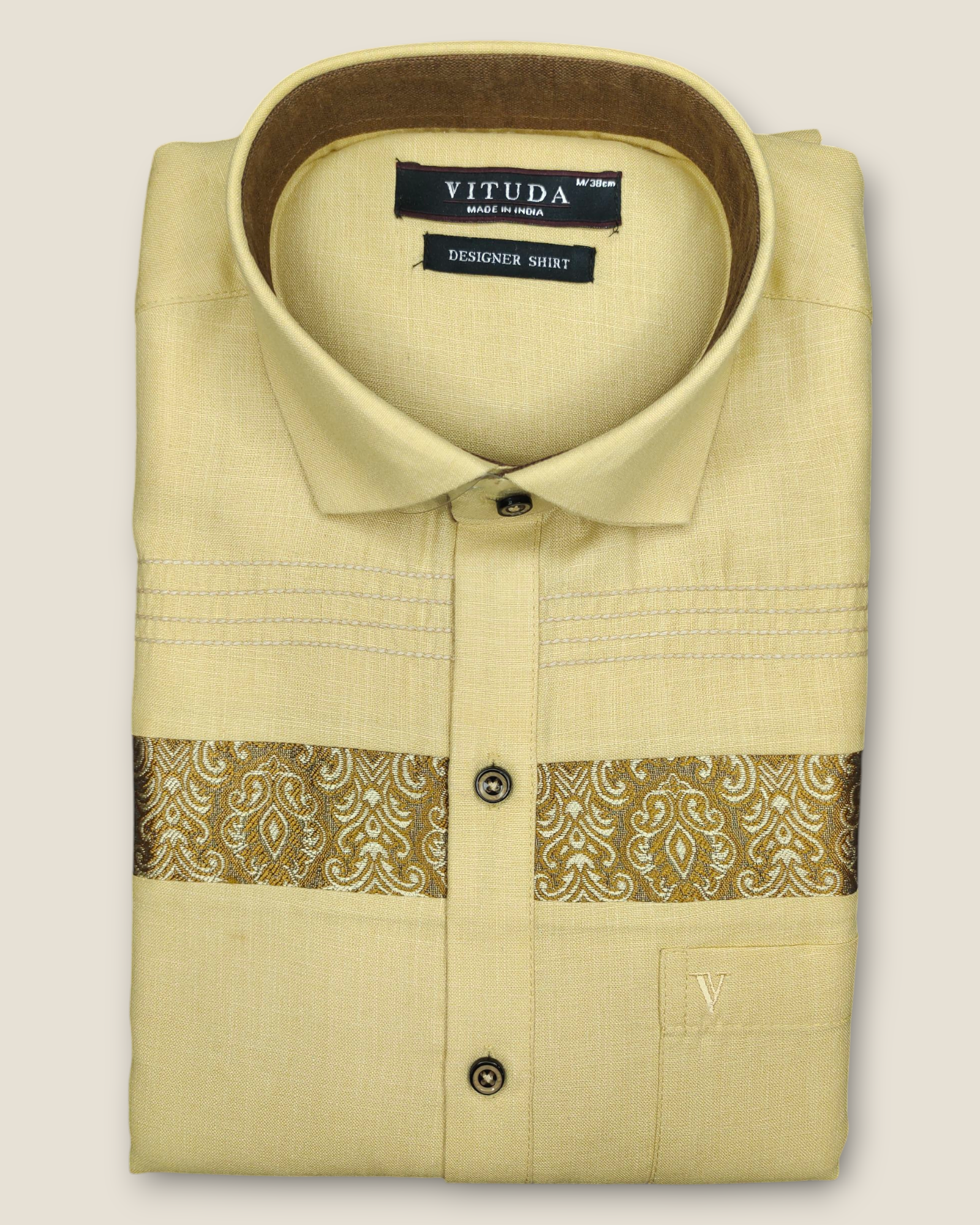 Men's Half Sleeves Party Wear Shirt Beige with Gold Paisley Panel