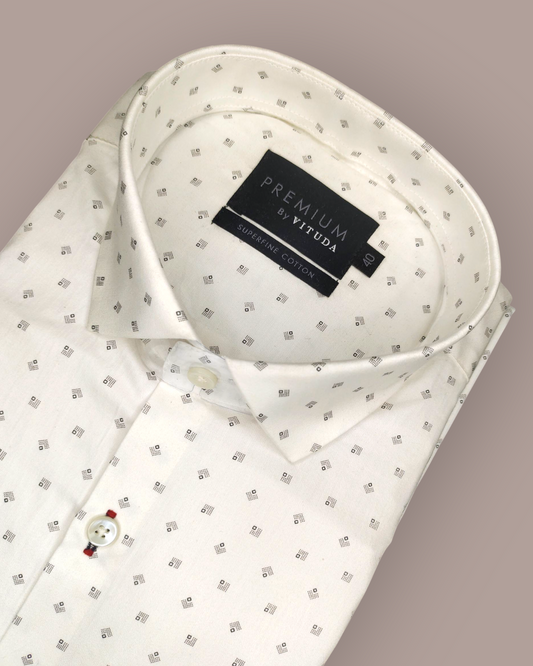 Men's Full Sleeves Premium White & Grey Micro-Square Printed Superfine Cotton Shirt