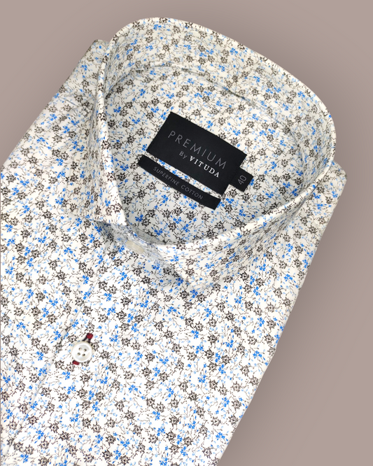 Men's Full Sleeves Premium Blue & Grey Micro-Floral Printed Superfine Cotton Shirt