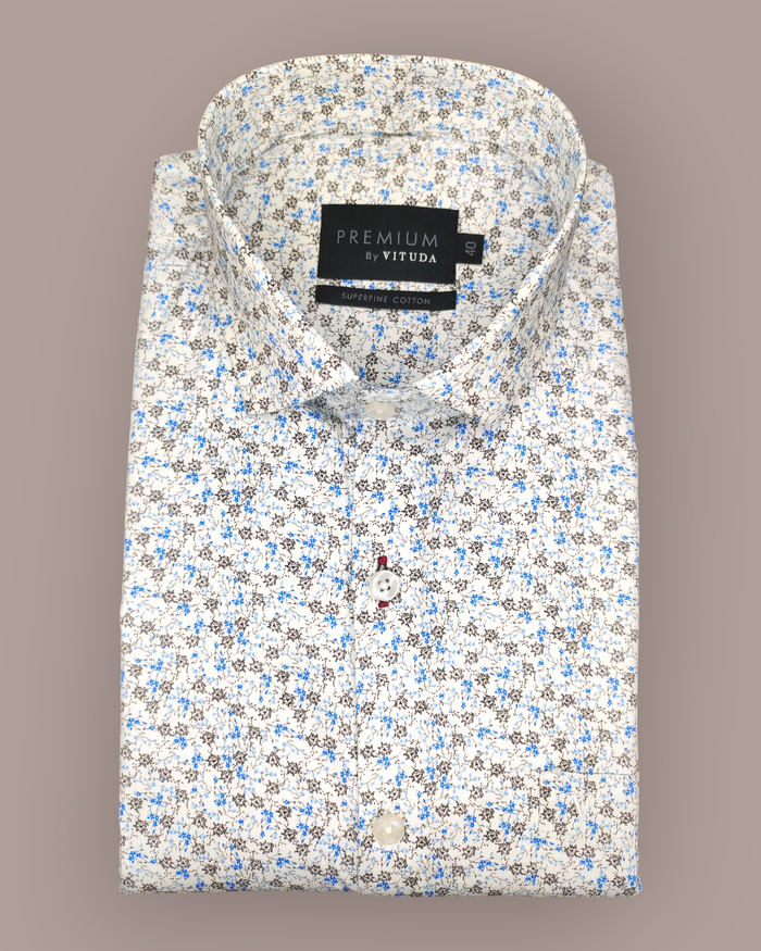 Men's Full Sleeves Premium Blue & Grey Micro-Floral Printed Superfine Cotton Shirt