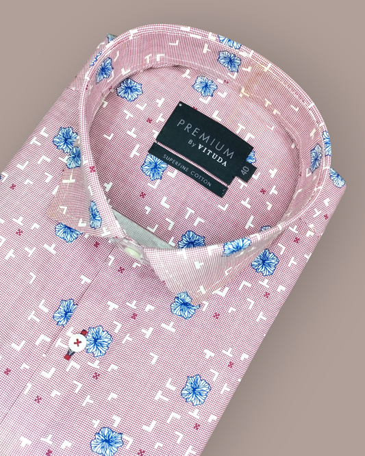 Men's Full Sleeves Premium Red & Blue Floral Printed Superfine Cotton Shirt