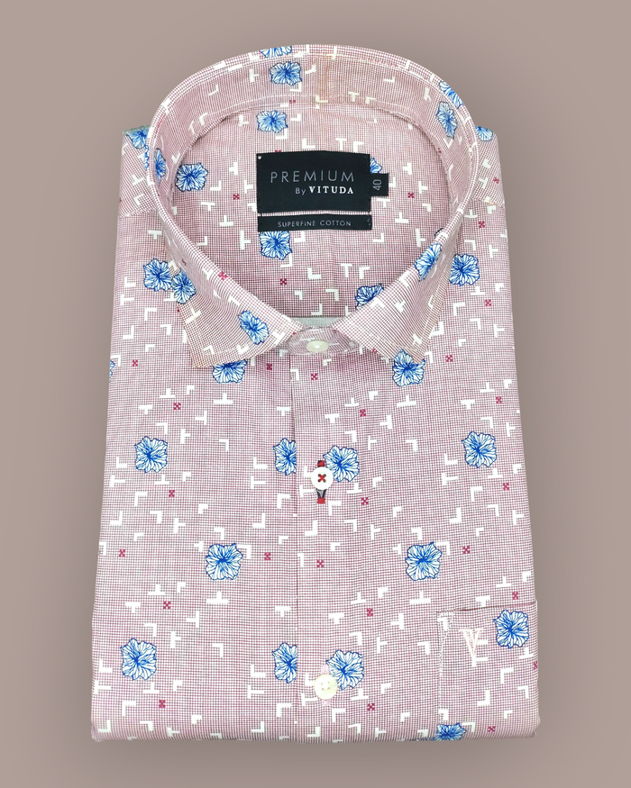 Men's Full Sleeves Premium Red & Blue Floral Printed Superfine Cotton Shirt