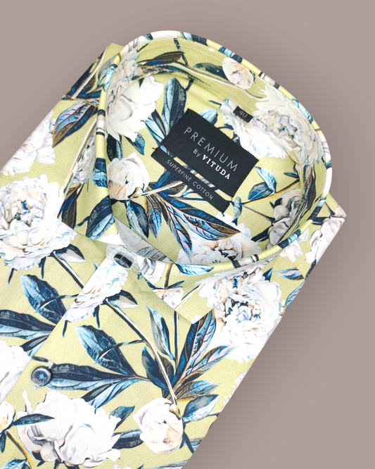 Men's Half Sleeves Premium Lime Green Peony Printed Superfine Cotton Shirt