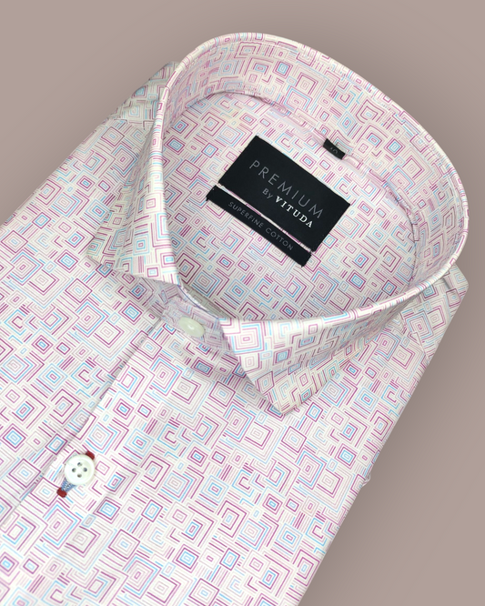 Men's Full Sleeves Premium Geometric Square Printed Superfine Cotton Shirt – Pink & Blue
