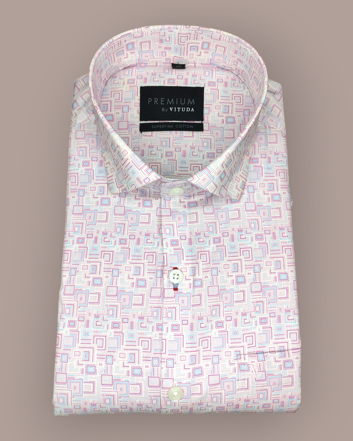 Men's Full Sleeves Premium Geometric Square Printed Superfine Cotton Shirt – Pink & Blue