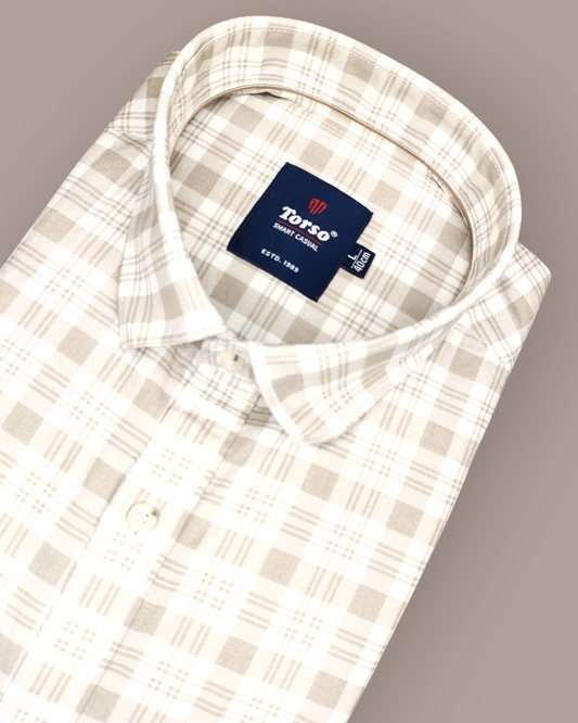 Men's Full Sleeves Beige & White Gingham Check Premium Shirt