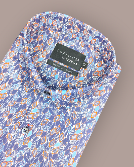 Men's Full Sleeves Premium Blue & Orange Leaf Printed Superfine Cotton Shirt