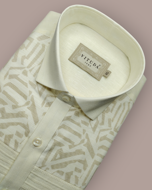 Men’s Full Sleeves Ivory Jacquard Shirt - All-Over Abstract Weave with Minimal Stripe Detail