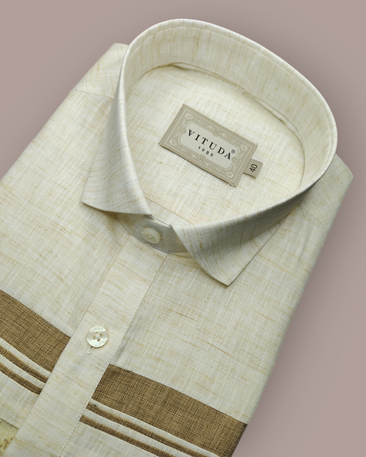 Men’s Full Sleeves Cream Textured Shirt with Heritage Border Panel