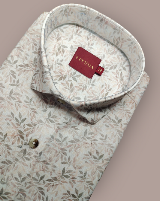 Men’s Full Sleeves Soft Beige Botanical Print Cotton Shirt