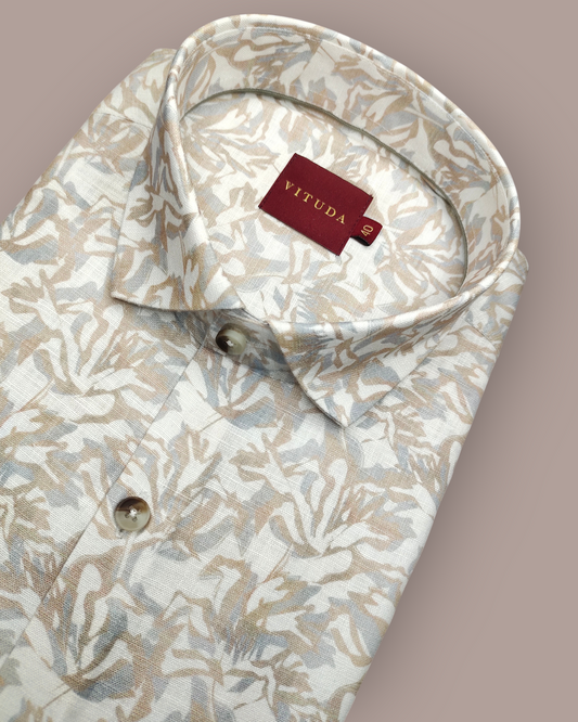 Men’s Full Sleeves Premium Beige Leaf Abstract Printed Cotton Shirt
