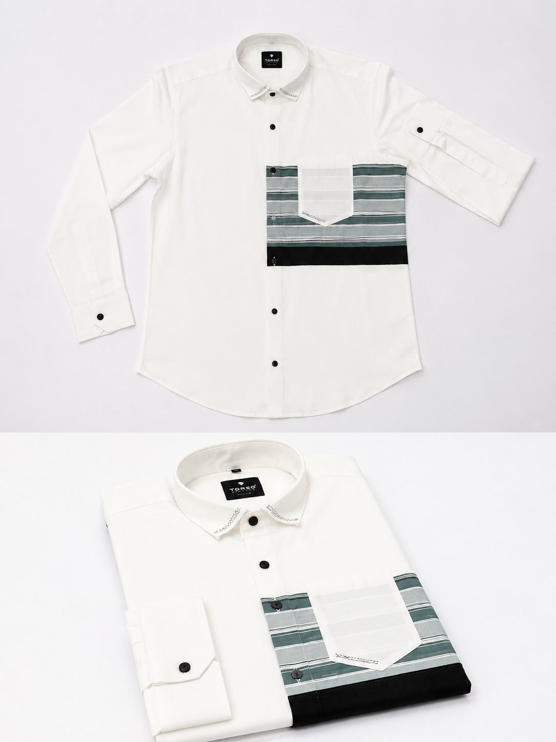 Torso Men’s White Premium Full Sleeves Shirt with Striped Designer Panel