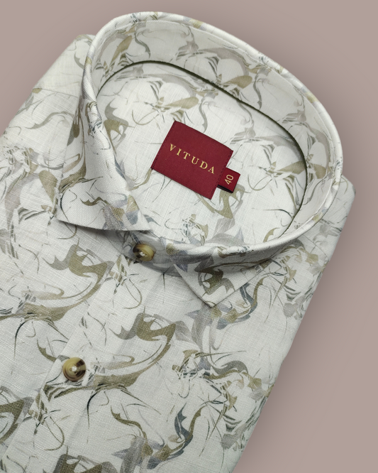 Men's Off White Marble Print Linen Look Full Sleeves Shirt