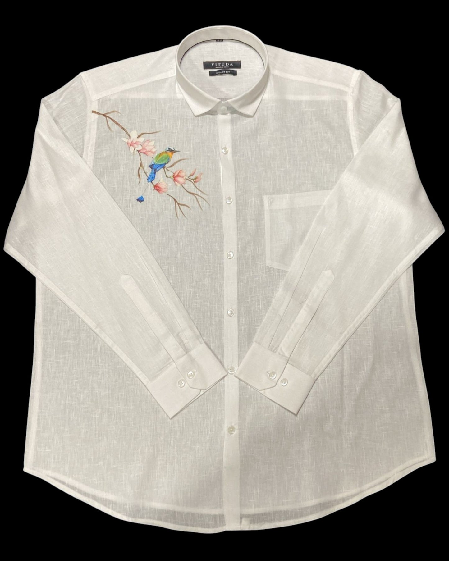 Men’s White Full Sleeve Linen Shirt with Bird & Blossom Print – Onam Special Edition
