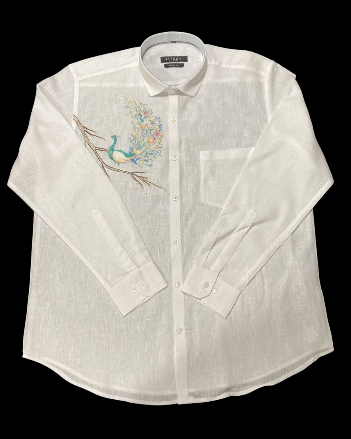 Men’s White Full Sleeve Linen Shirt with Artistic Peacock Design – Onam Special Edition
