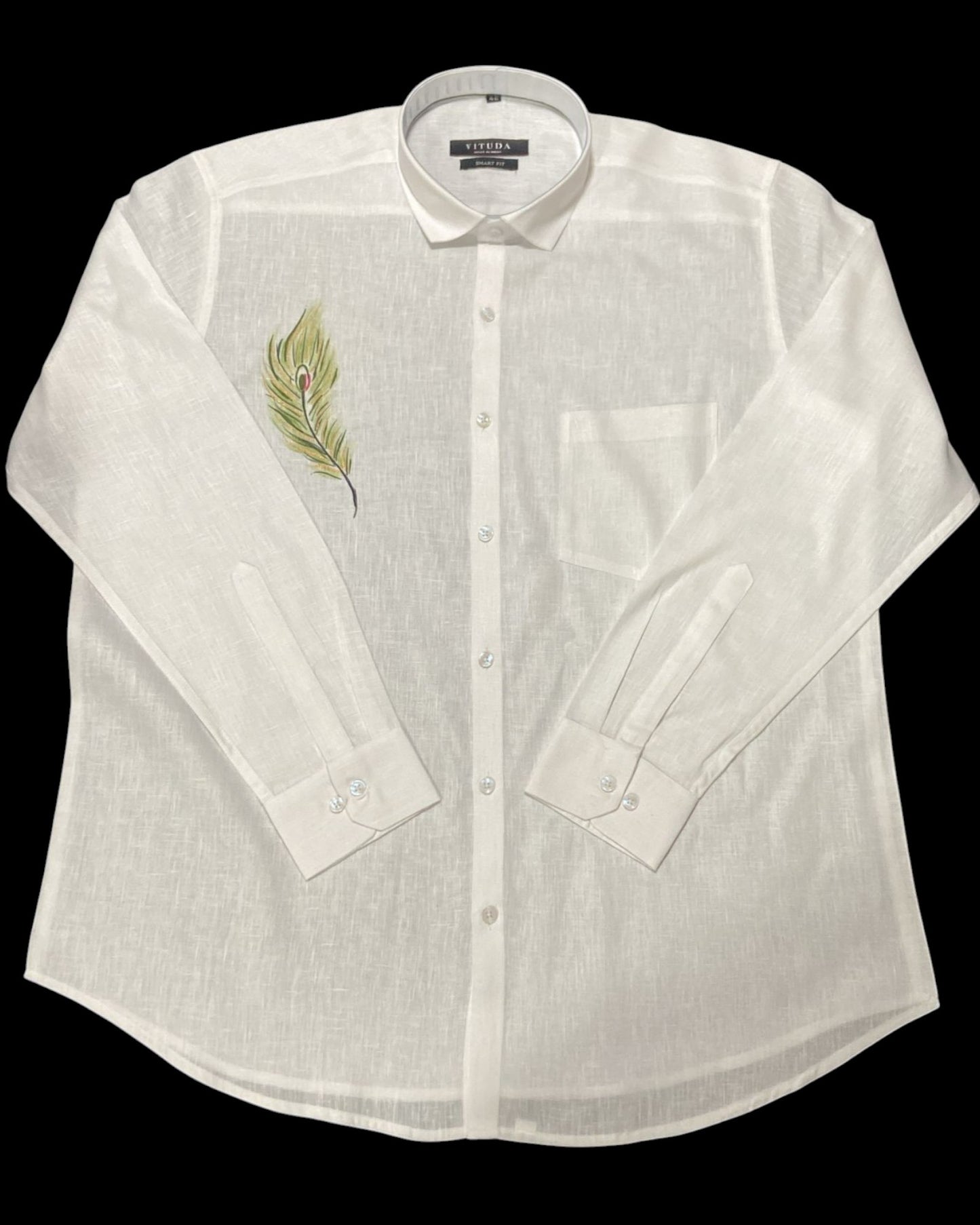 Men’s White Full Sleeve Linen Shirt with Peacock Feather Print – Onam Special Edition