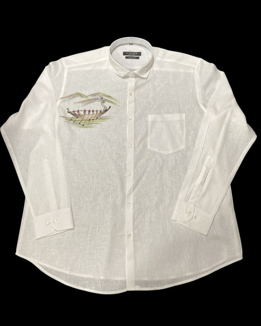 Men’s White Full Sleeve Linen Shirt with Vallamkali Boat Hand-Paint – Onam Special Edition