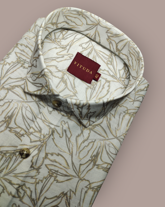 Men's Full Sleeves Off-White Leaf Printed Shirt