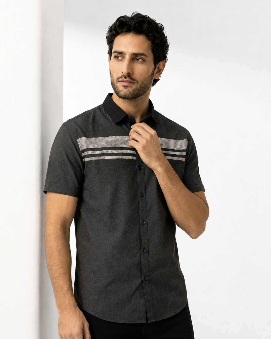 Textured Multi-Stripe Chest Linen Shirt
