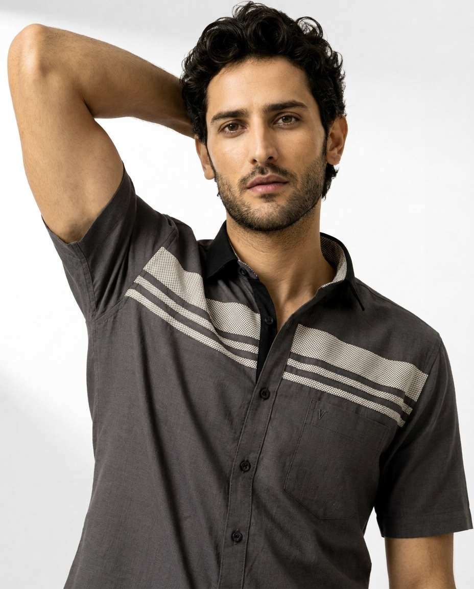 Textured Multi-Stripe Chest Linen Shirt