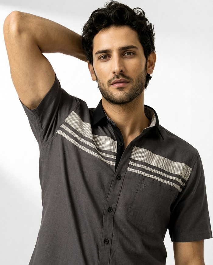Textured Multi-Stripe Chest Linen Shirt