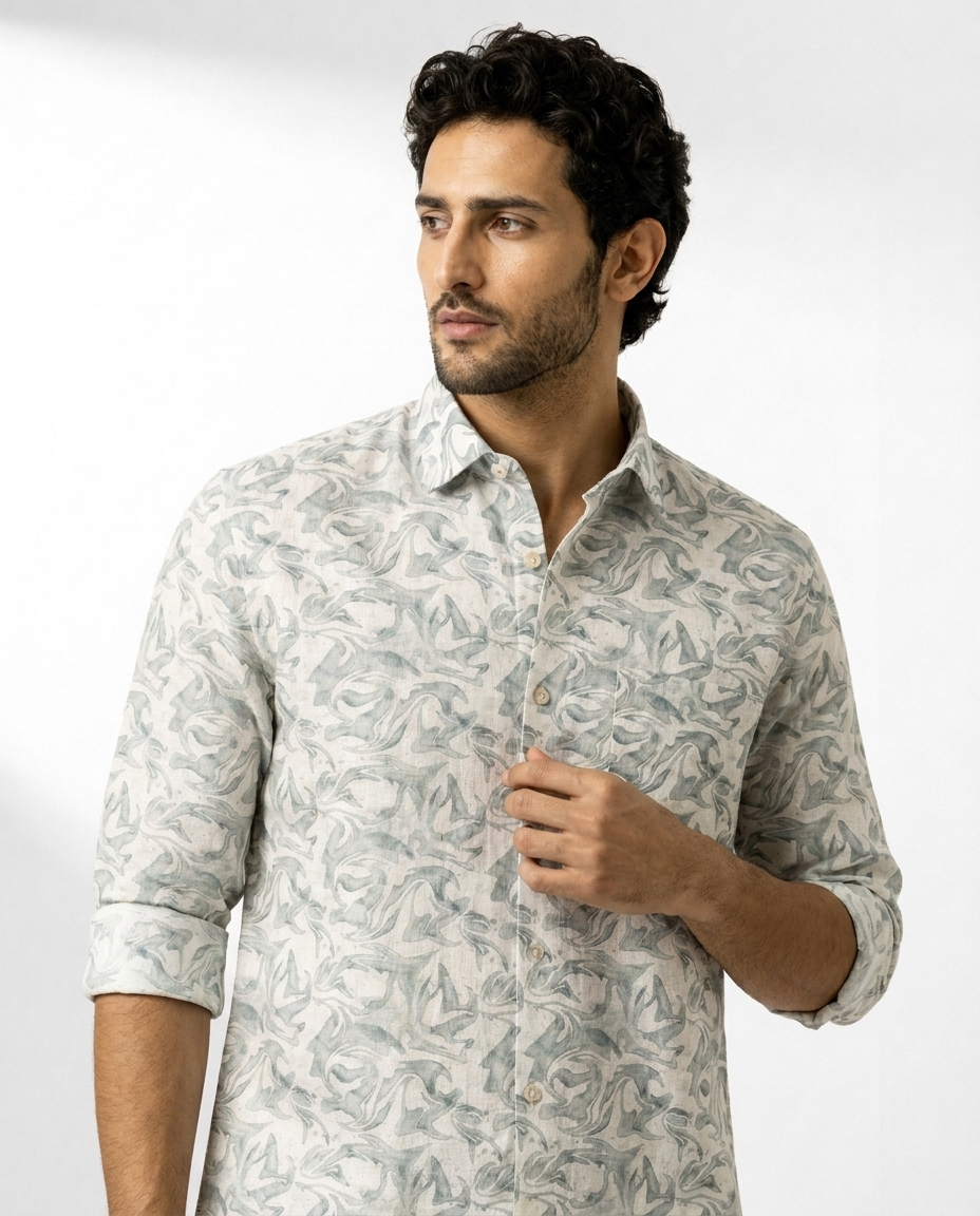 Sculpted Vine Print Linen Shirt