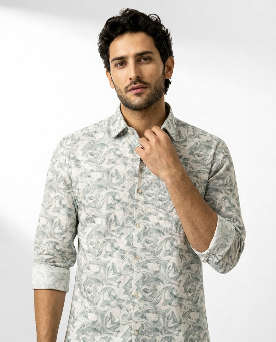 Sculpted Vine Print Linen Shirt