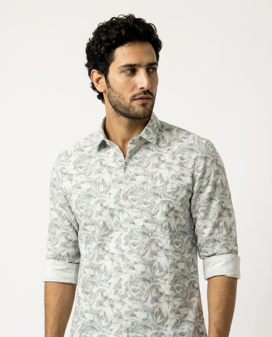 Sculpted Vine Print Linen Shirt