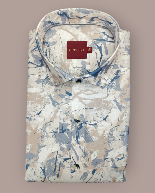 Men's Full Sleeves Abstract Printed Shirt – Beige, White & Blue Accents