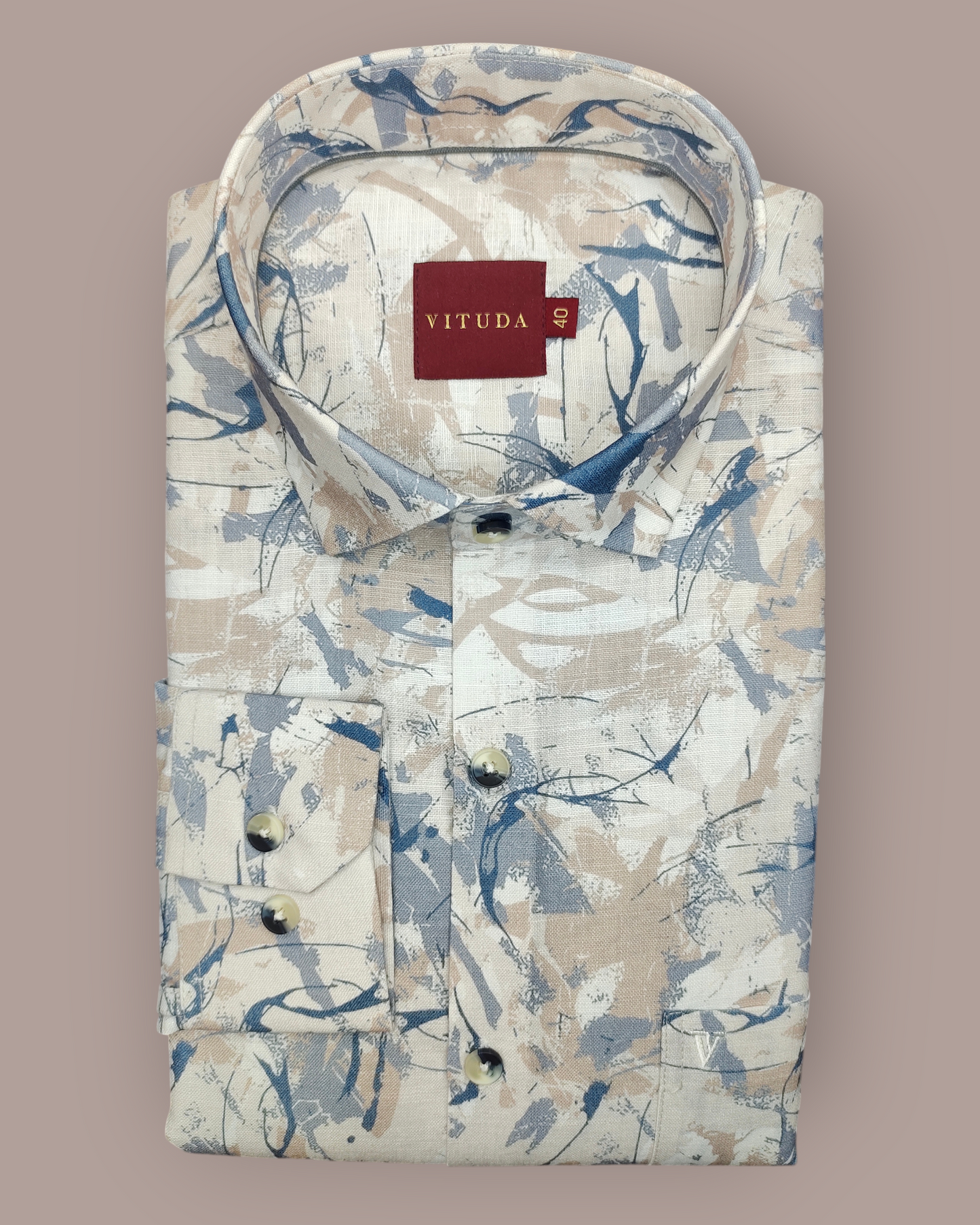 Men's Full Sleeves Abstract Printed Shirt – Beige, White & Blue Accents