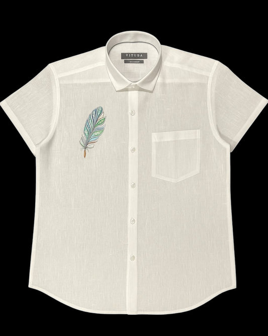 Men’s White Half Sleeve Linen Shirt with Peacock Print – Onam Special Edition