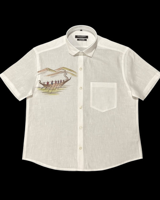 Men’s White Half Sleeve Linen Shirt with Vallamkali Boat Hand-Paint – Onam Special Edition
