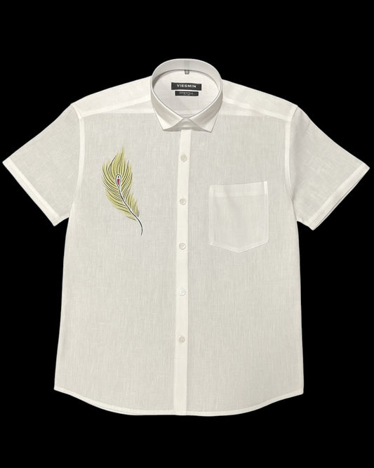 Men’s White Half Sleeve Linen Shirt with Peacock Feather Print – Onam Special Edition