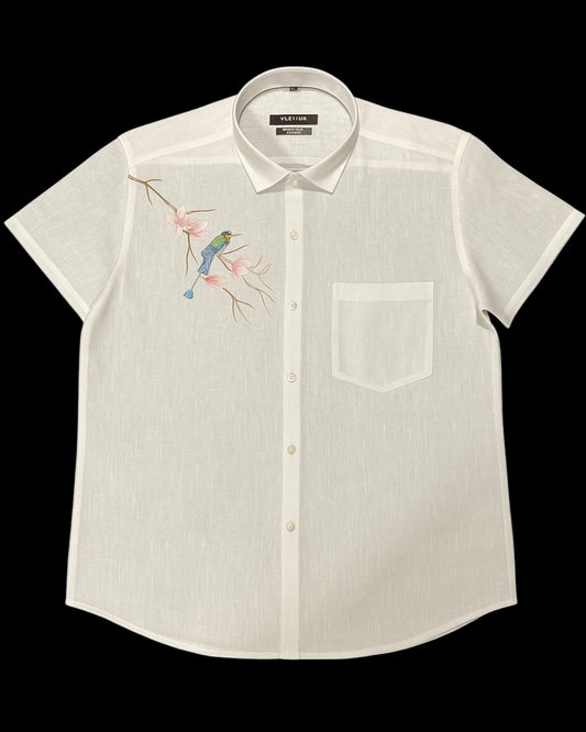 Men’s White Half Sleeve Linen Shirt with Bird & Blossom Print – Onam Special Edition