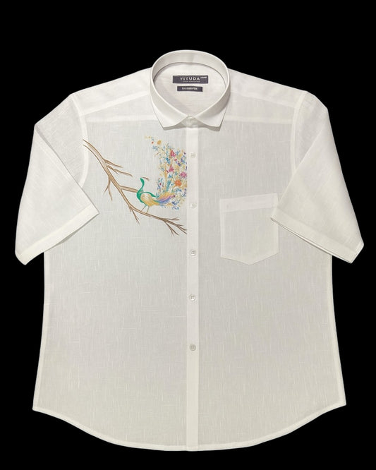 Men’s White Half Sleeve Linen Shirt with Artistic Peacock Design – Onam Special Edition